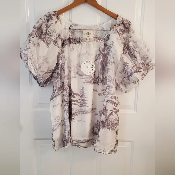 Umgee Cream And Grey Toile Print Puff Sleeve Top - Picture 5 of 7